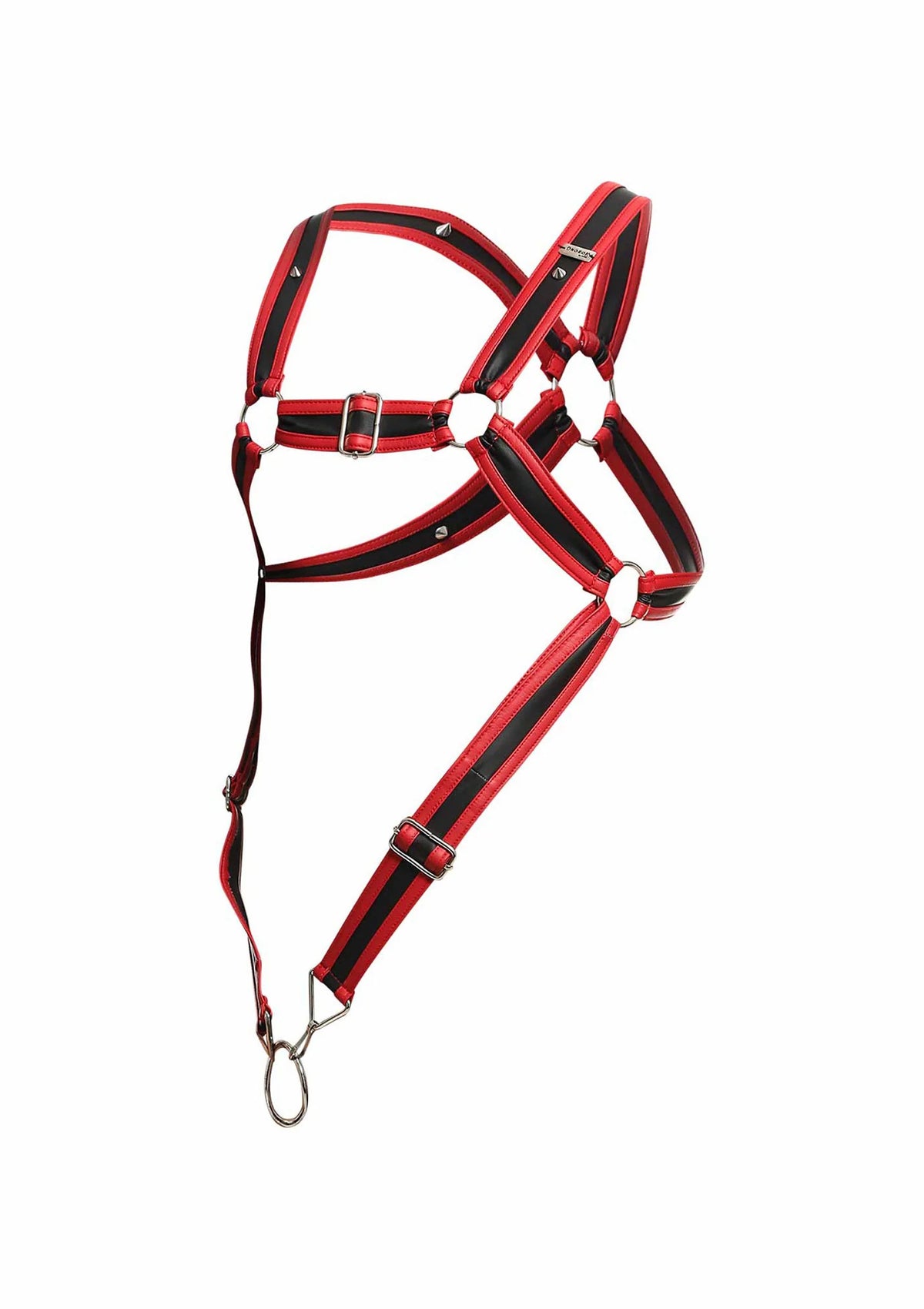 Cross cockring harnas, rood met zwarte randen en metalen D-ringen