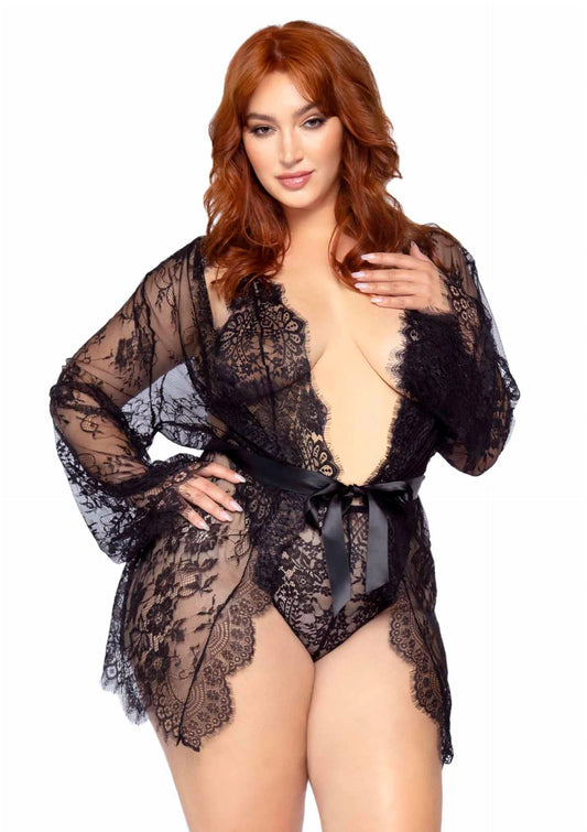 Beste vandaag nog: Plus Teddy with Cheeky Thong and Lace Robe - bij Happytoys Sexshop: online sex shop for Feeling Happy & Easy 😊 - Default Title - 82040 - BLACK - 1X/2X