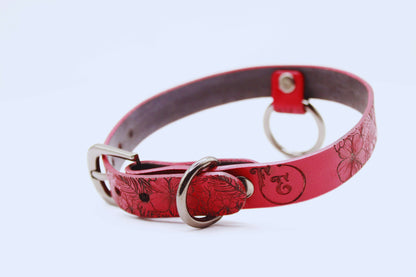 Submissive Collar Red Floral Leather Choker | Discreet Day Collar