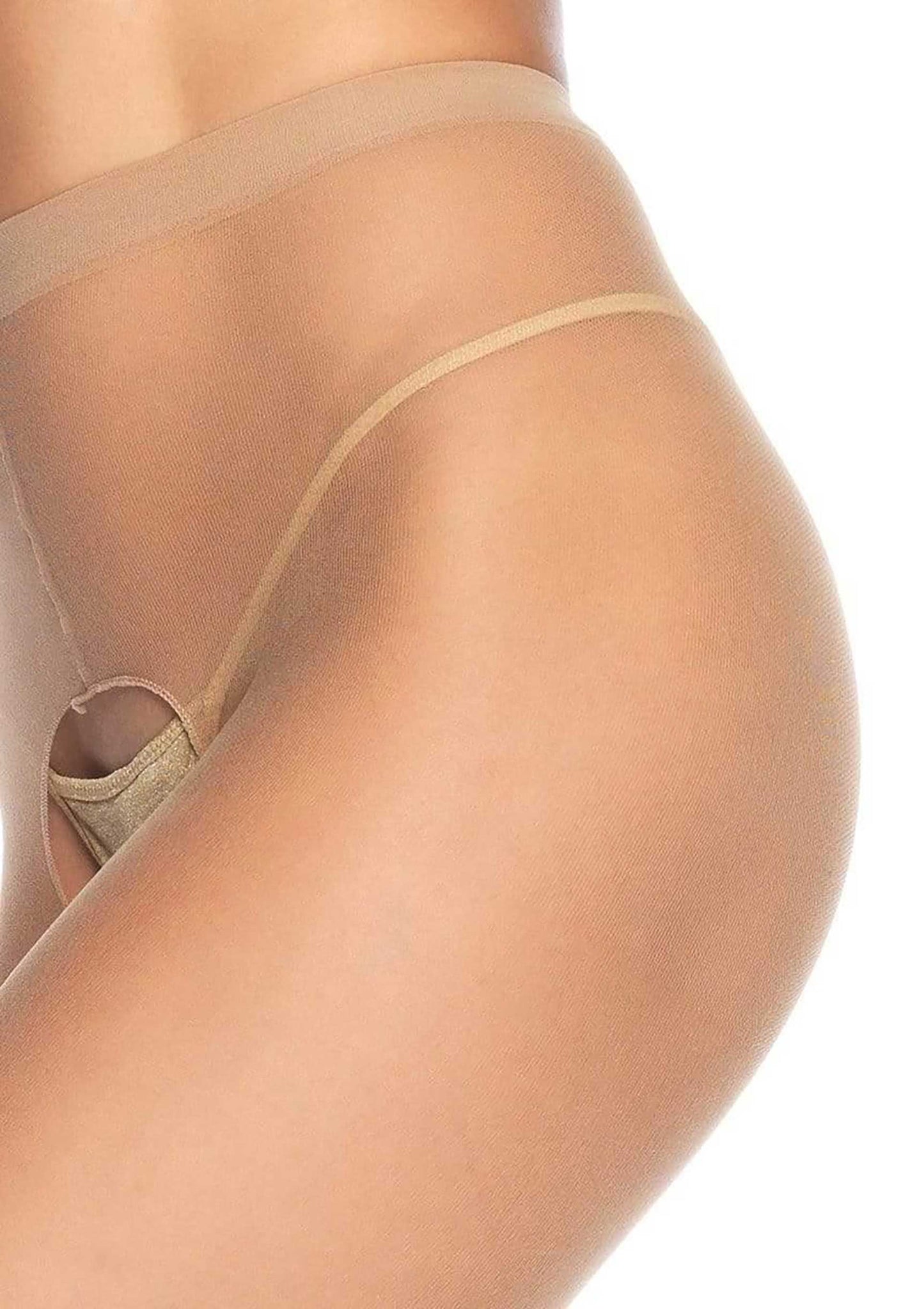 Beige transparante broekloze panty van Leg Avenue, close-up van open kruis en dij