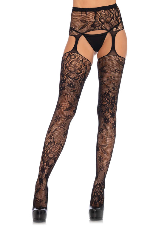 Bestel: Floral Lace Stockings with Garter Belt - bij Happytoys: de erotische sex webshop | liever Happy dan Easy ⭐⭐⭐⭐⭐ - Default Title - 85150 - BLACK - O/S