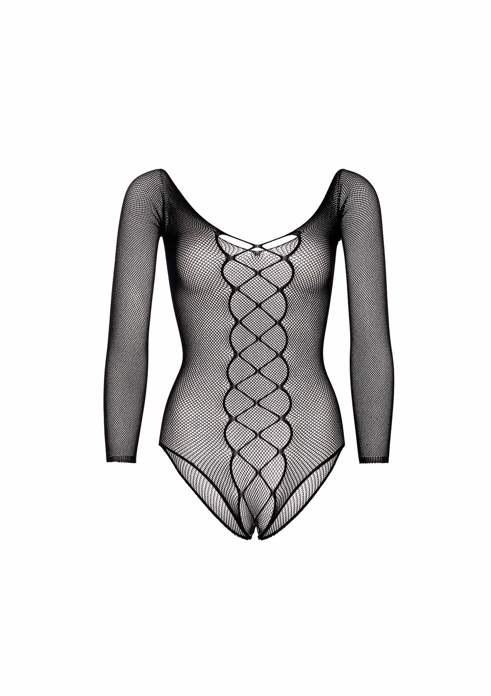 LegAvenue visnet teddy zonder kruis, zwart ruitgaas met lange mouwen en veters voor