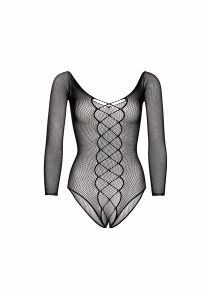 LegAvenue visnet teddy zonder kruis, zwart ruitgaas met lange mouwen en veters voor