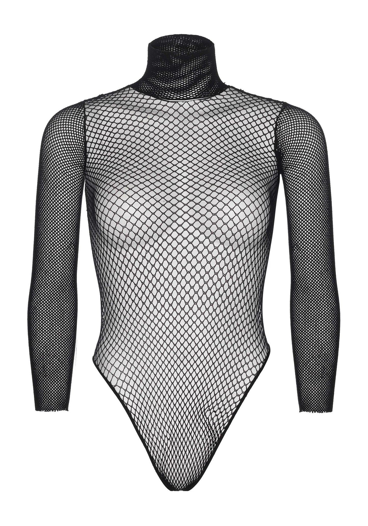 Zwarte fishnet teddy met opstaande kraag en lange mouwen, achteraanzicht