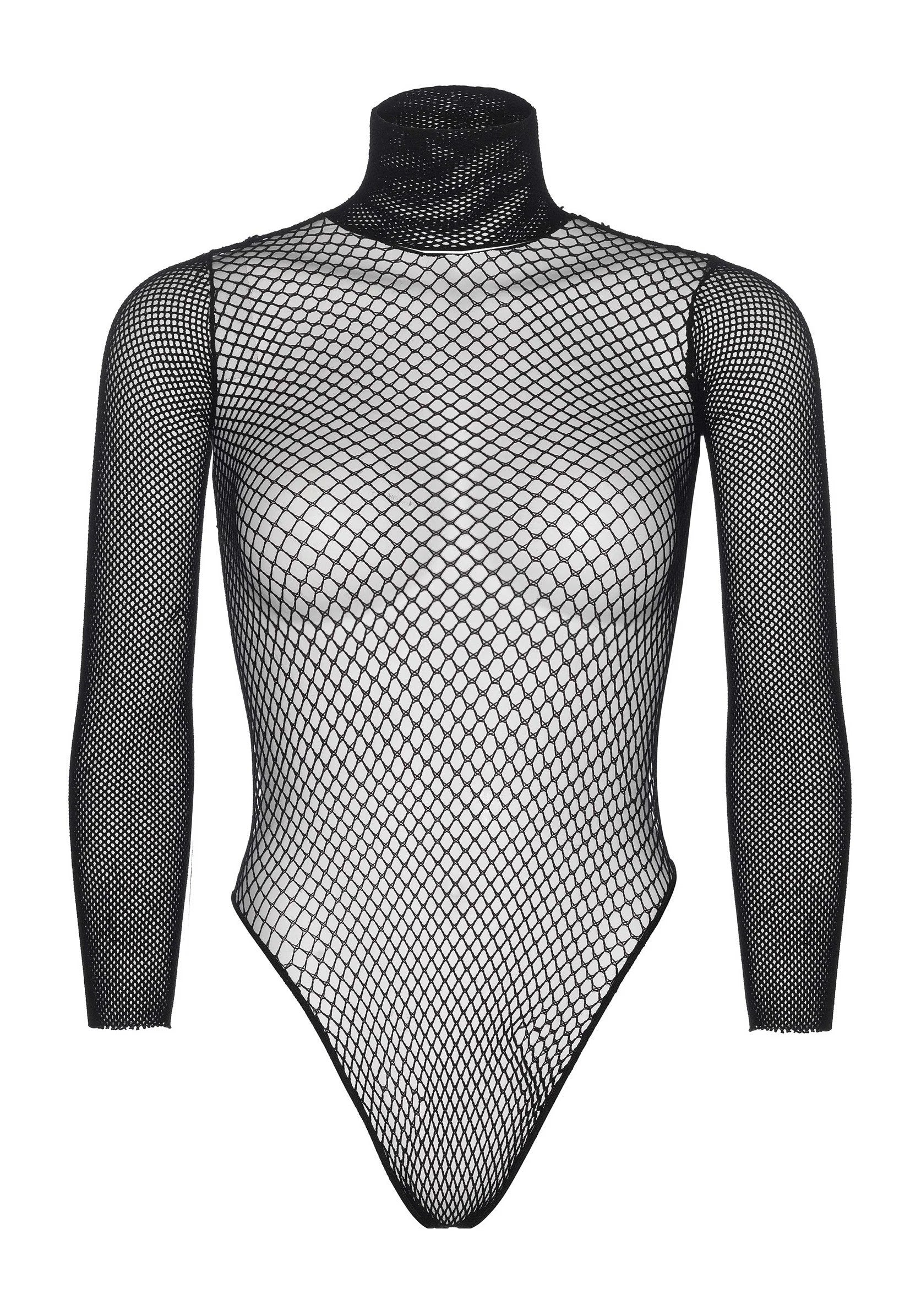 Zwarte fishnet teddy met opstaande kraag en lange mouwen, achteraanzicht