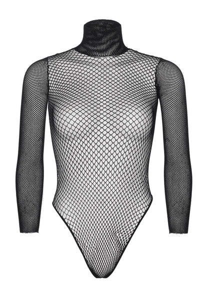 Zwarte fishnet teddy met opstaande kraag en lange mouwen, achteraanzicht