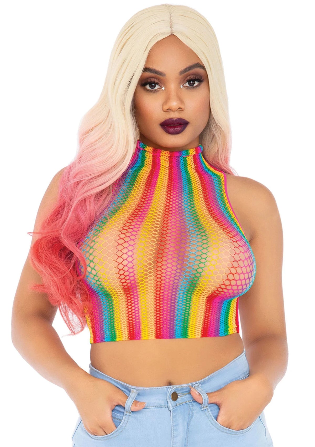 Bestel: Rainbow Net High Neck Crop Top by Leg Avenue - bij Happytoys: de erotische sex webshop | liever Happy dan Easy ⭐⭐⭐⭐⭐ - Default Title - 86552 - RAINBOW - O/S