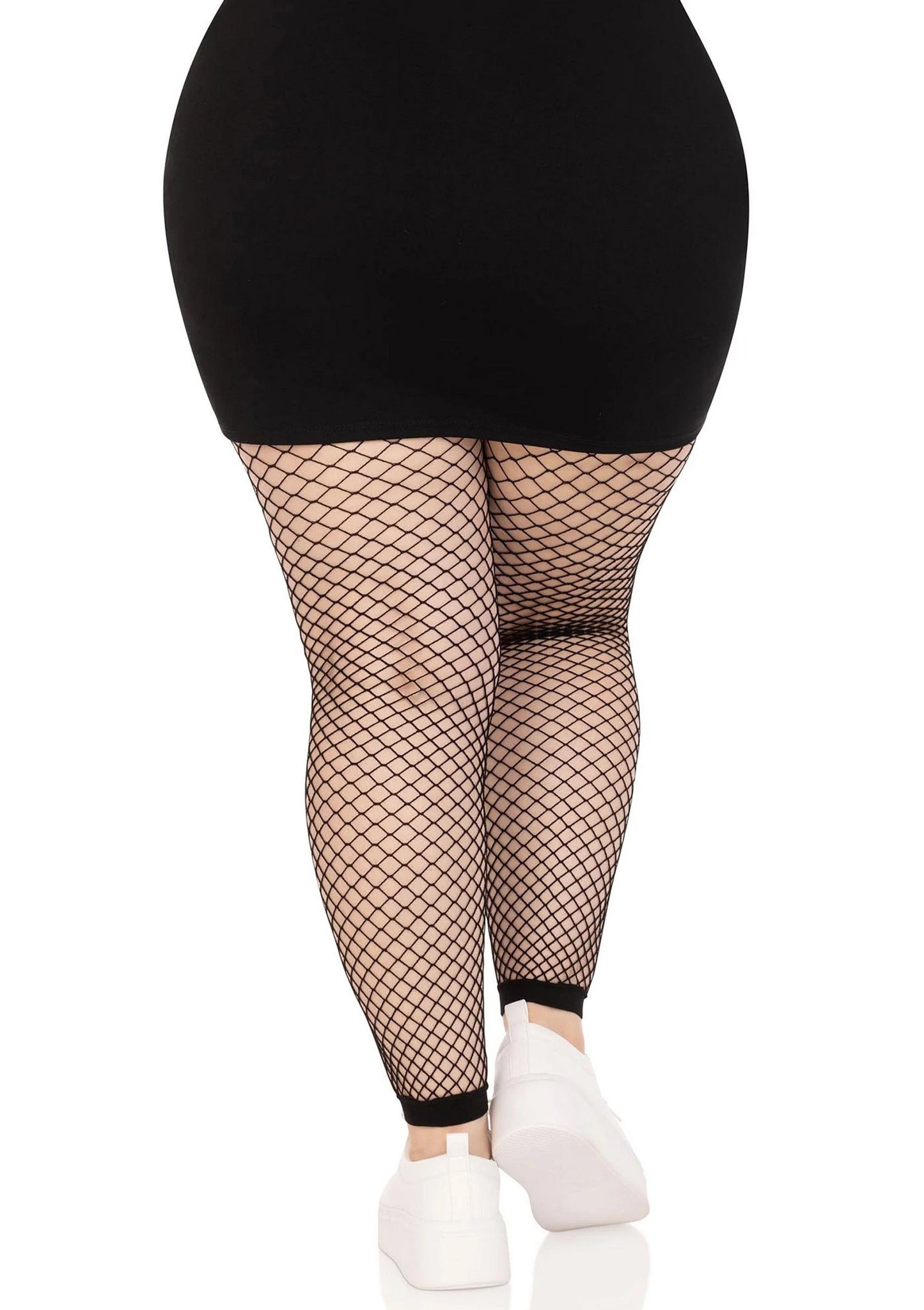 Zwarte plus size visnet panty zonder voeten met zwarte tailleband