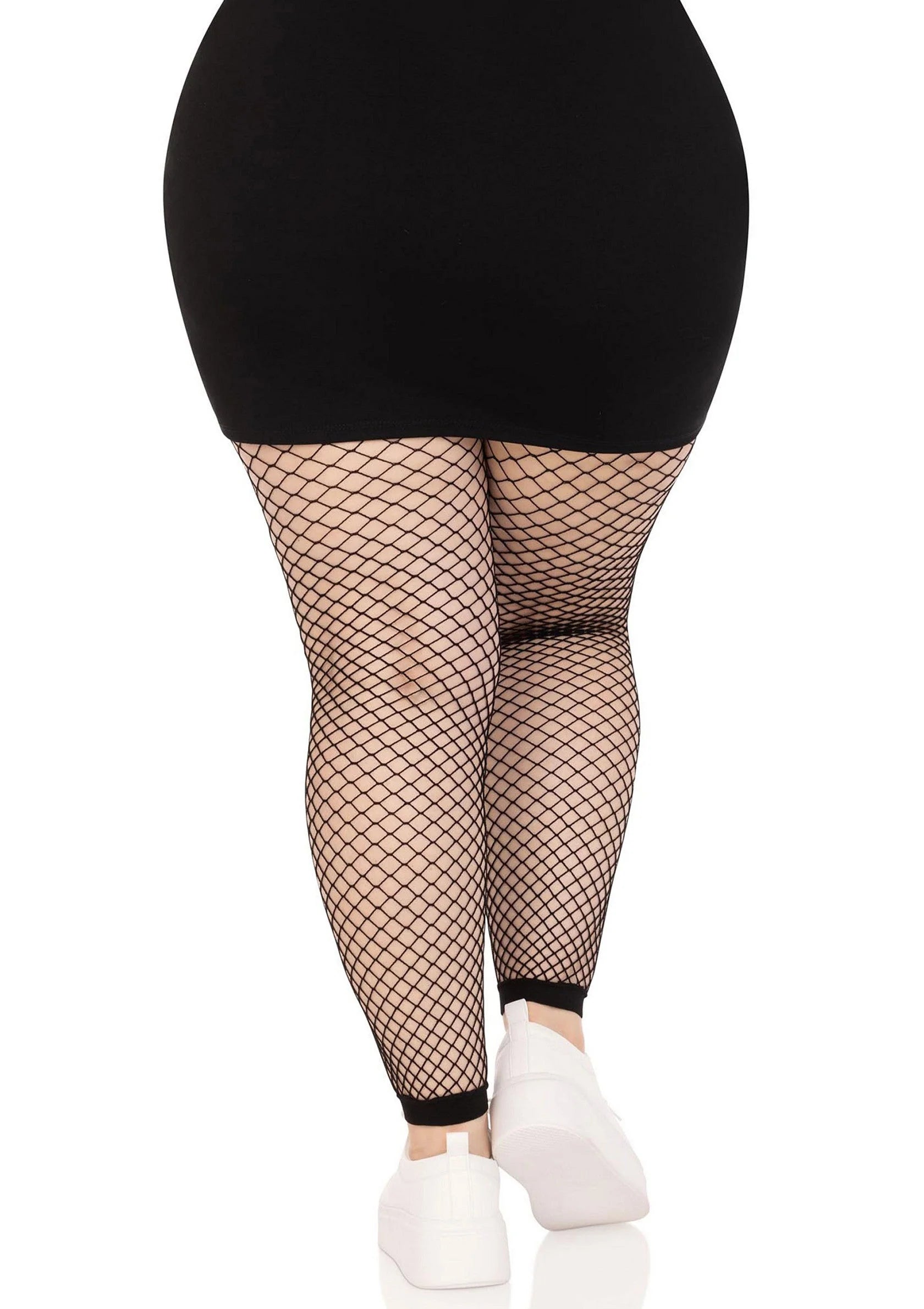 Zwarte plus size visnet panty zonder voeten met zwarte tailleband