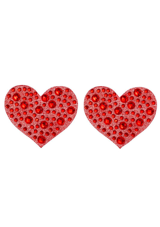Set van twee rode hartvormige nipple jewel stickers met fonkelende steentjes
