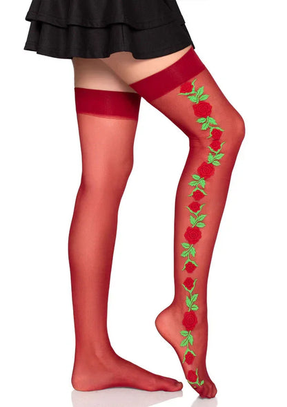 Spandex Thigh Highs with Roses by Leg Avenue | Sexy Floral Thigh High Stockings for Women