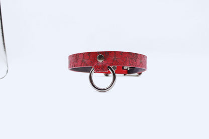 Submissive Collar Red Floral Leather Choker | Discreet Day Collar
