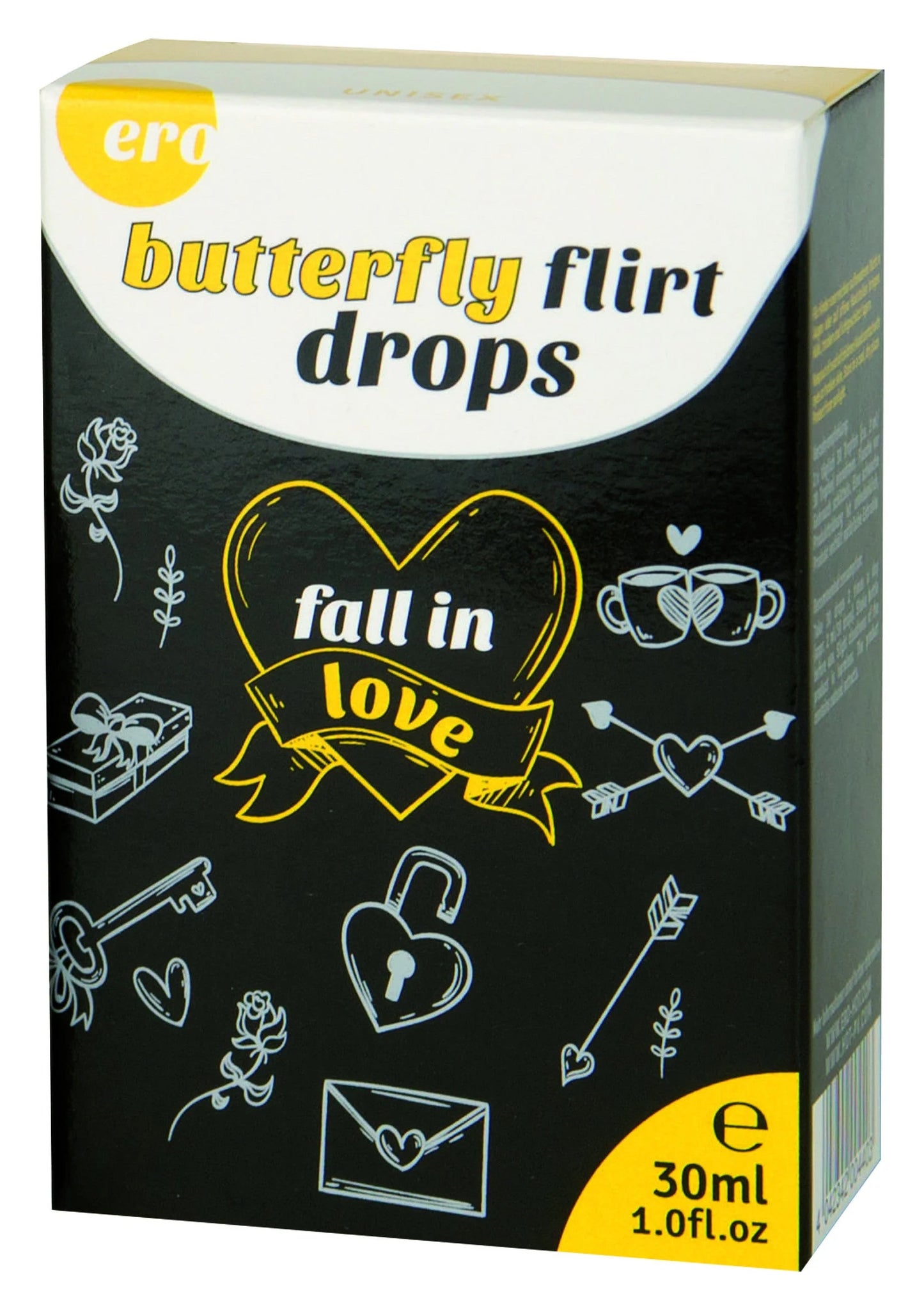 Ero butterfly flirt drops 30 ml doos met tekst 'fall in love' en iconen
