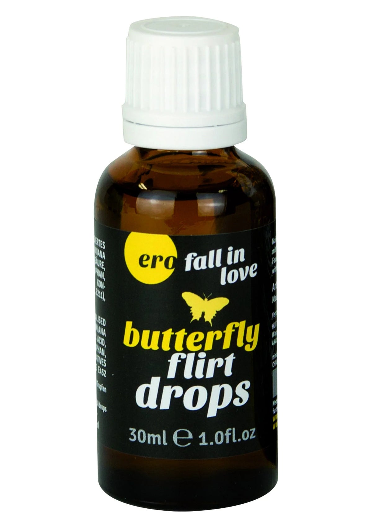 Ero butterfly flirt drops 30 ml flesje met label 'butterfly flirt drops'