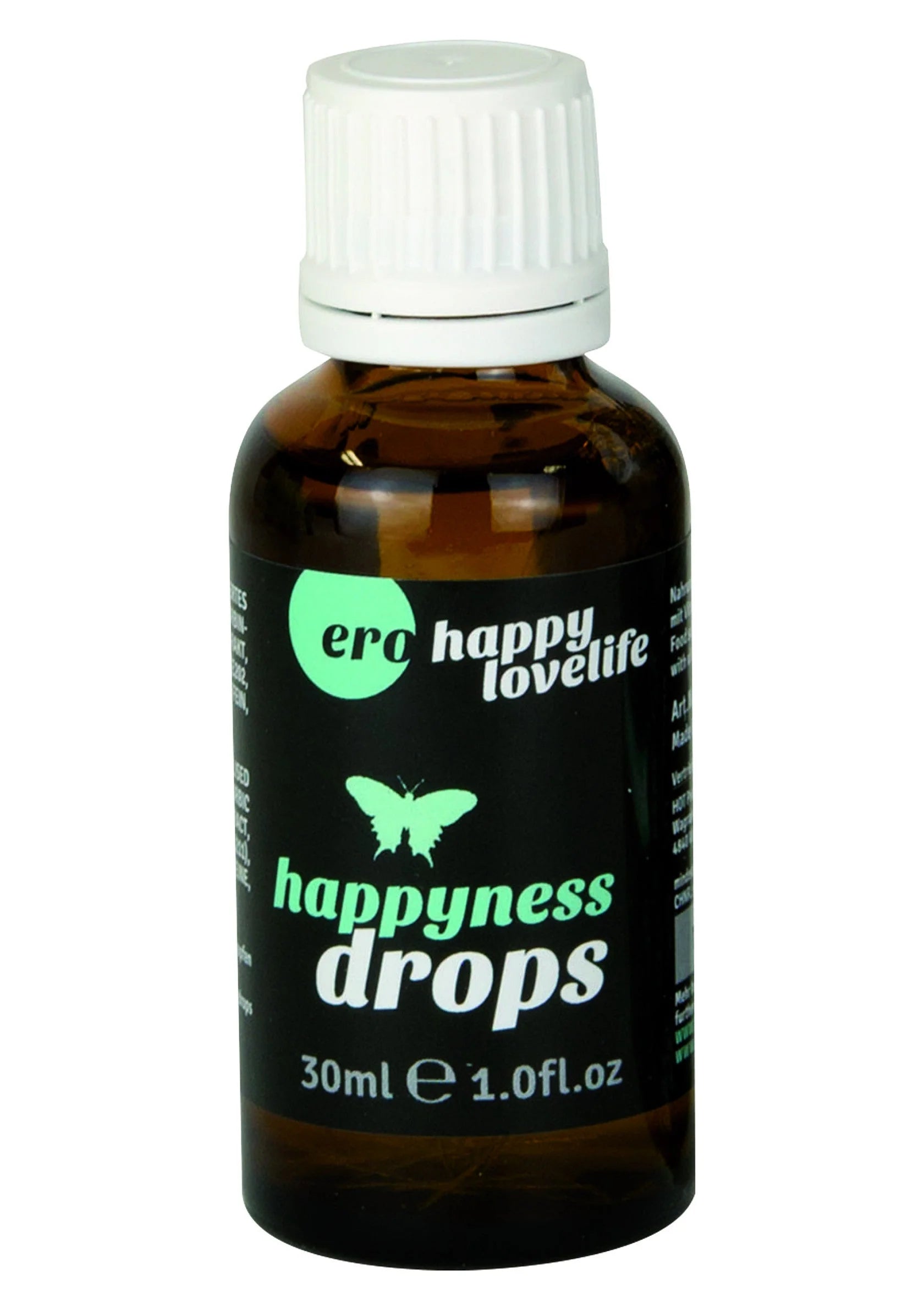 Ero happiness druppels 30 ml flesje met witte dop en vlinderlogo