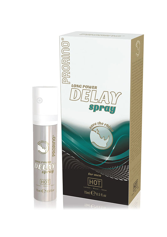 Prorino Long Power Delay Spray (HOT) flesje met verstuiver naast kartonnen doos.