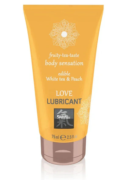 Edible Love bodyglijmiddel 75 ml perzik-tube met Shiatsu-logo