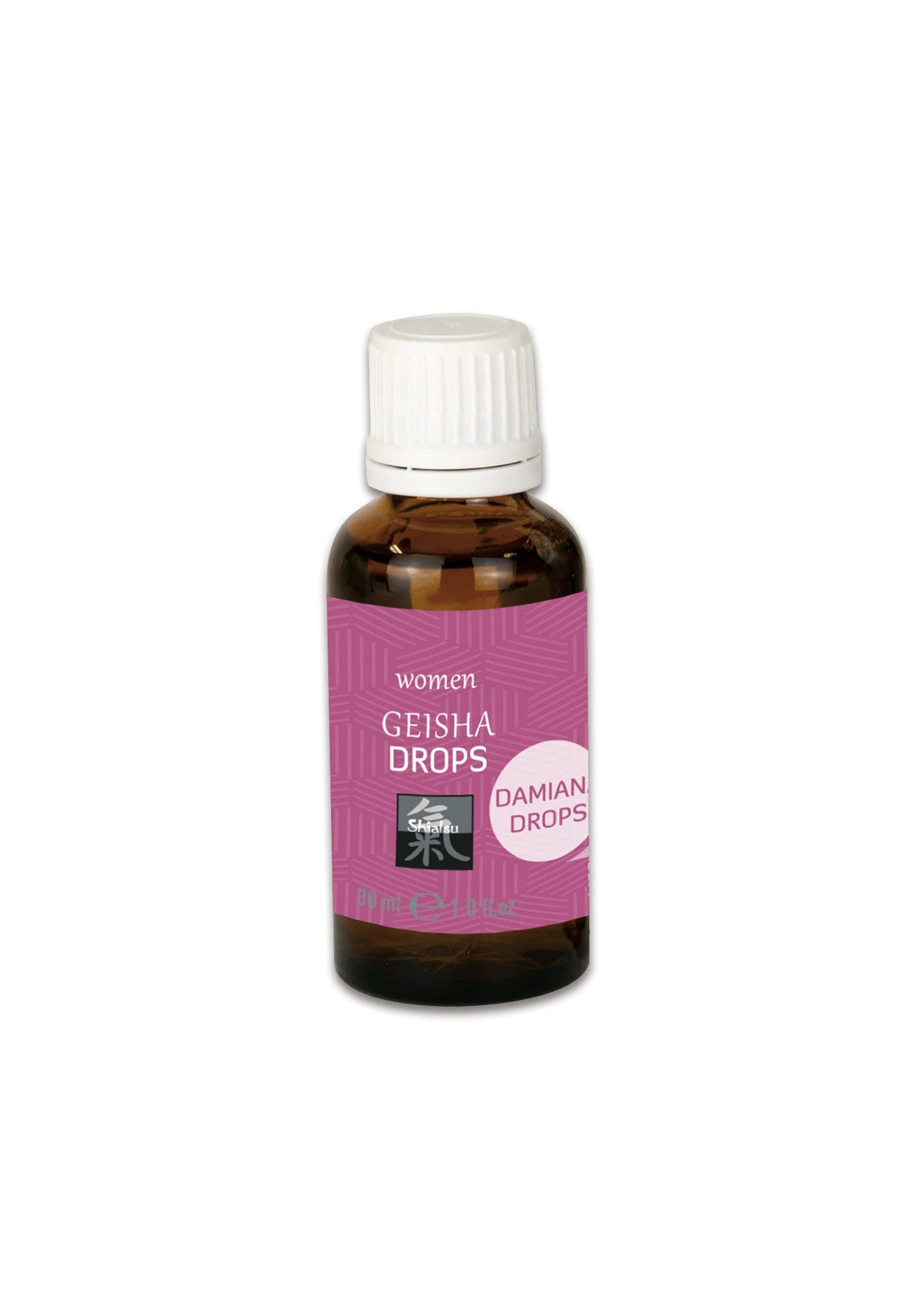 GEISHA druppelfles met witte schroefdop, bruine vloeistof en paarse etiket