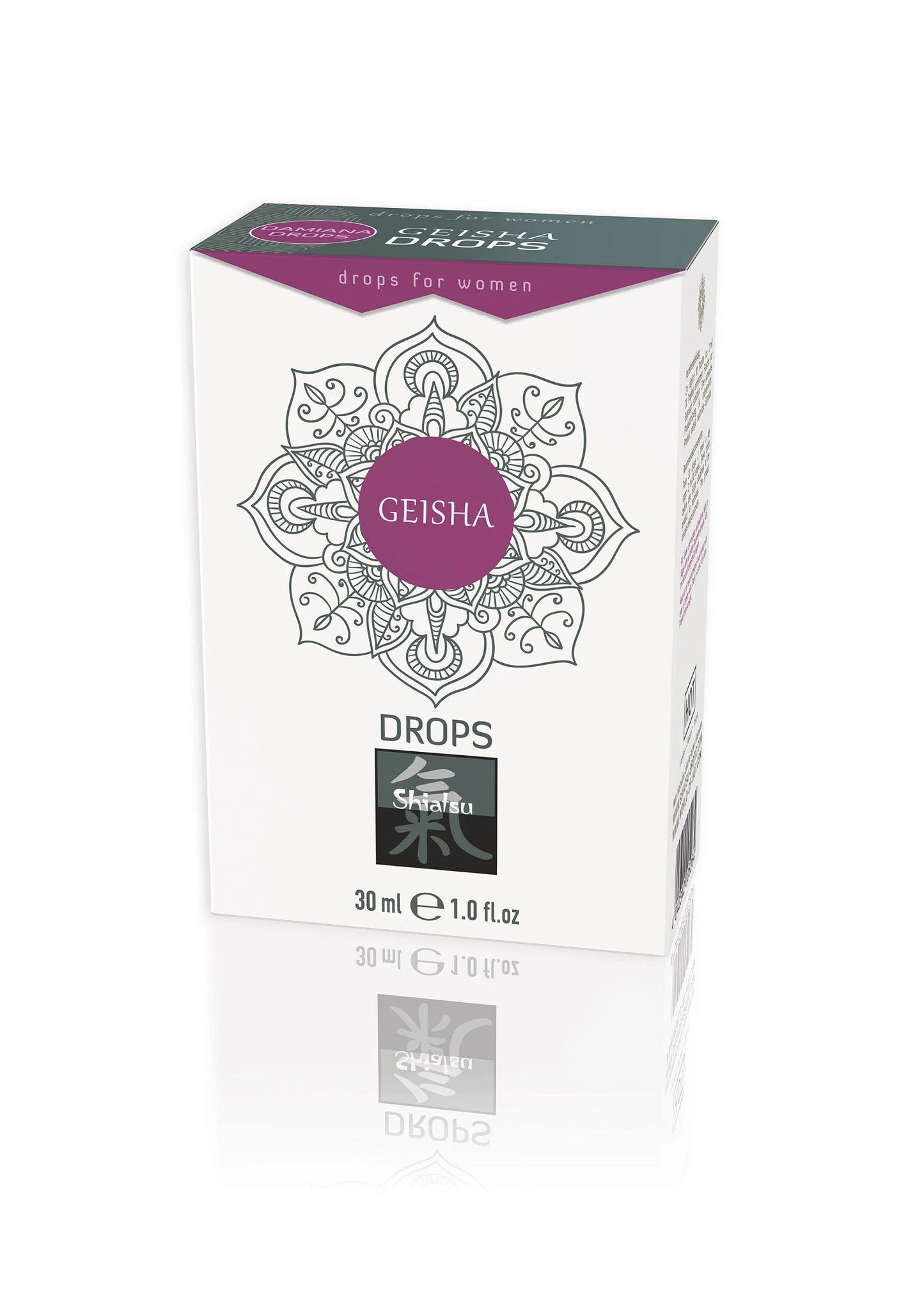 GEISHA Drops doos met paarse bovendekselrand en centraal logo op wit karton