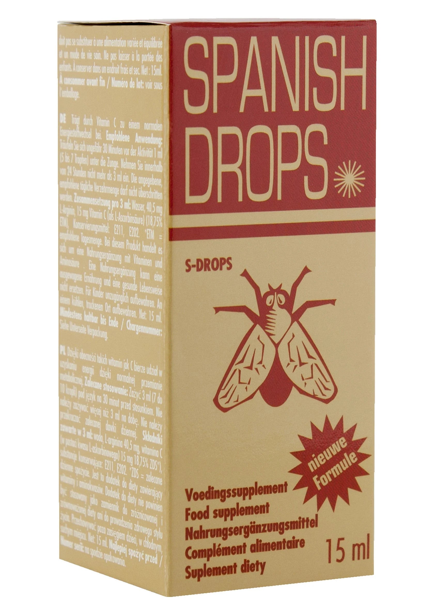Spaanse Drops verpakking met rood opschrift en 15 ml markering
