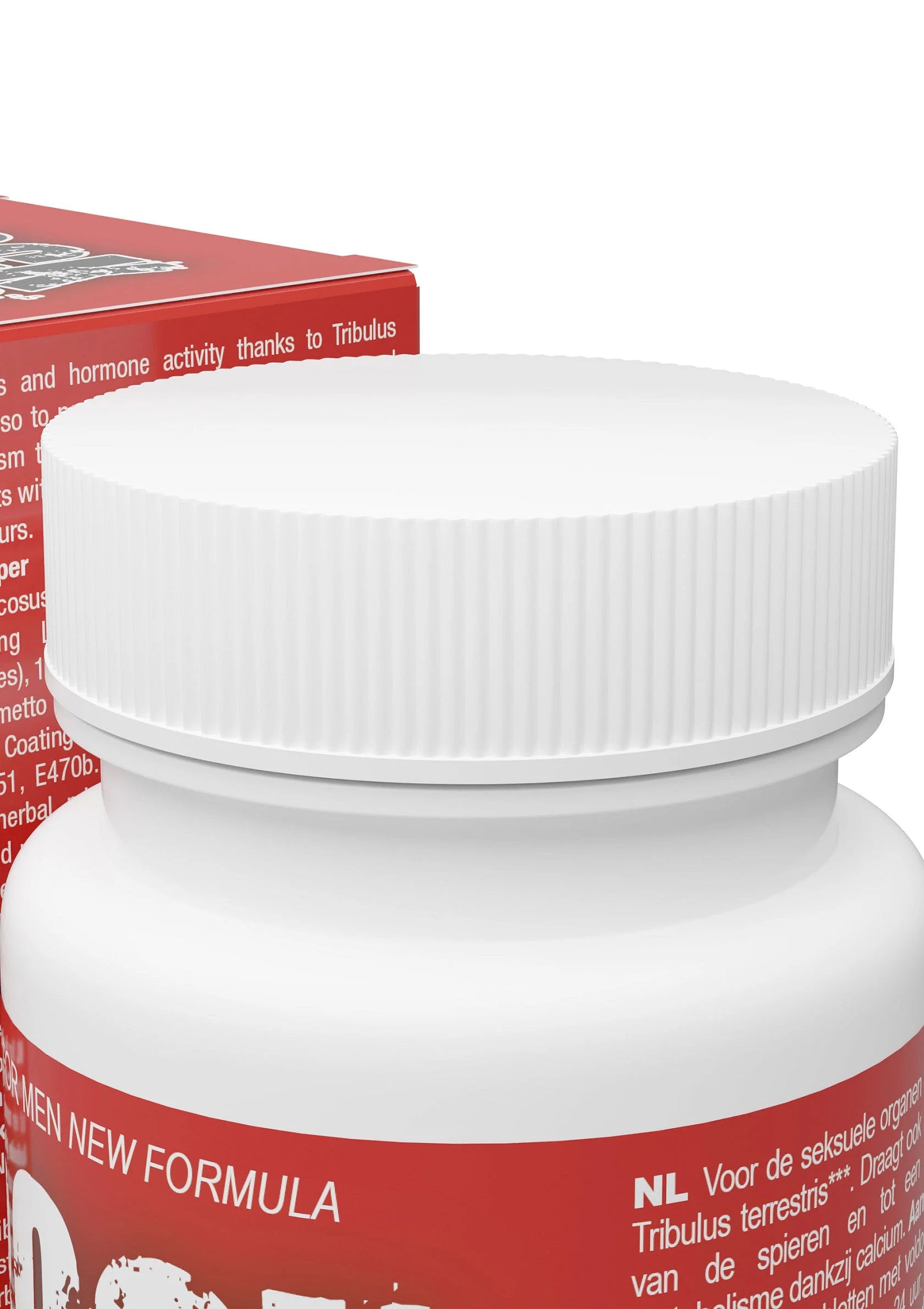 Witte supplementfles met ribbelde deksel en rood etiket met tekst