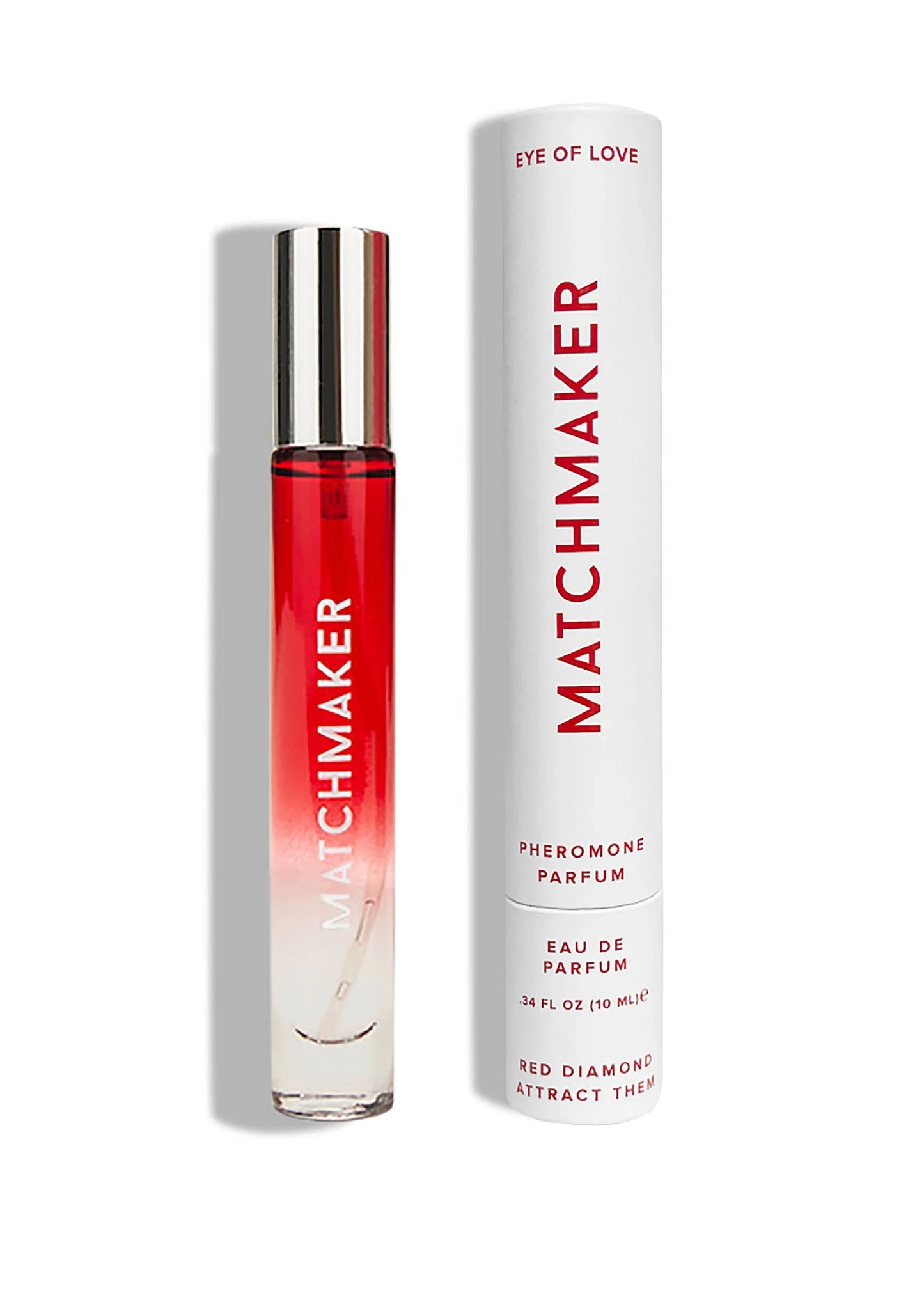 Rode parfumsprayfles en productdoos op witte achtergrond, 10 ml