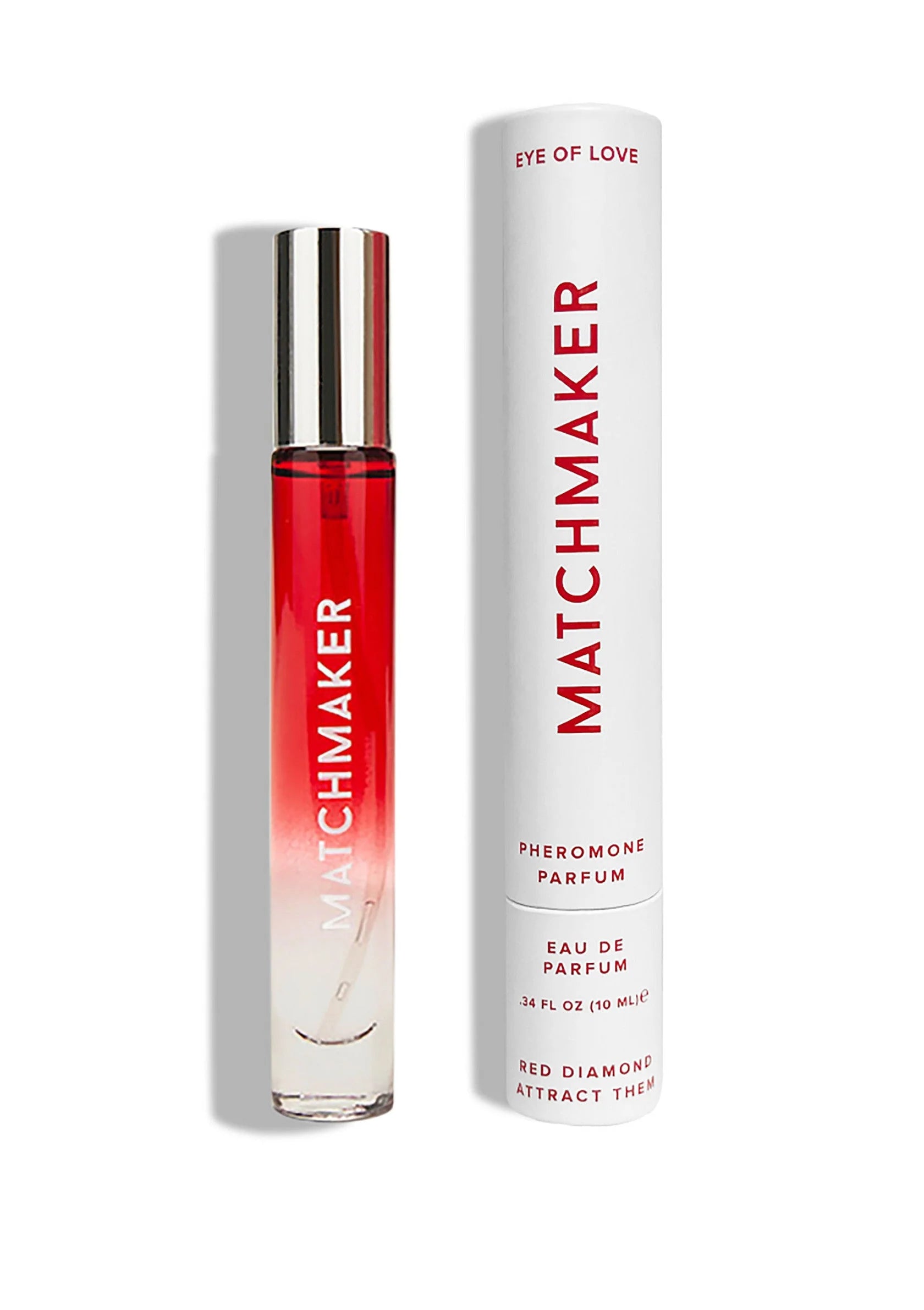 Rode parfumsprayfles en productdoos op witte achtergrond, 10 ml