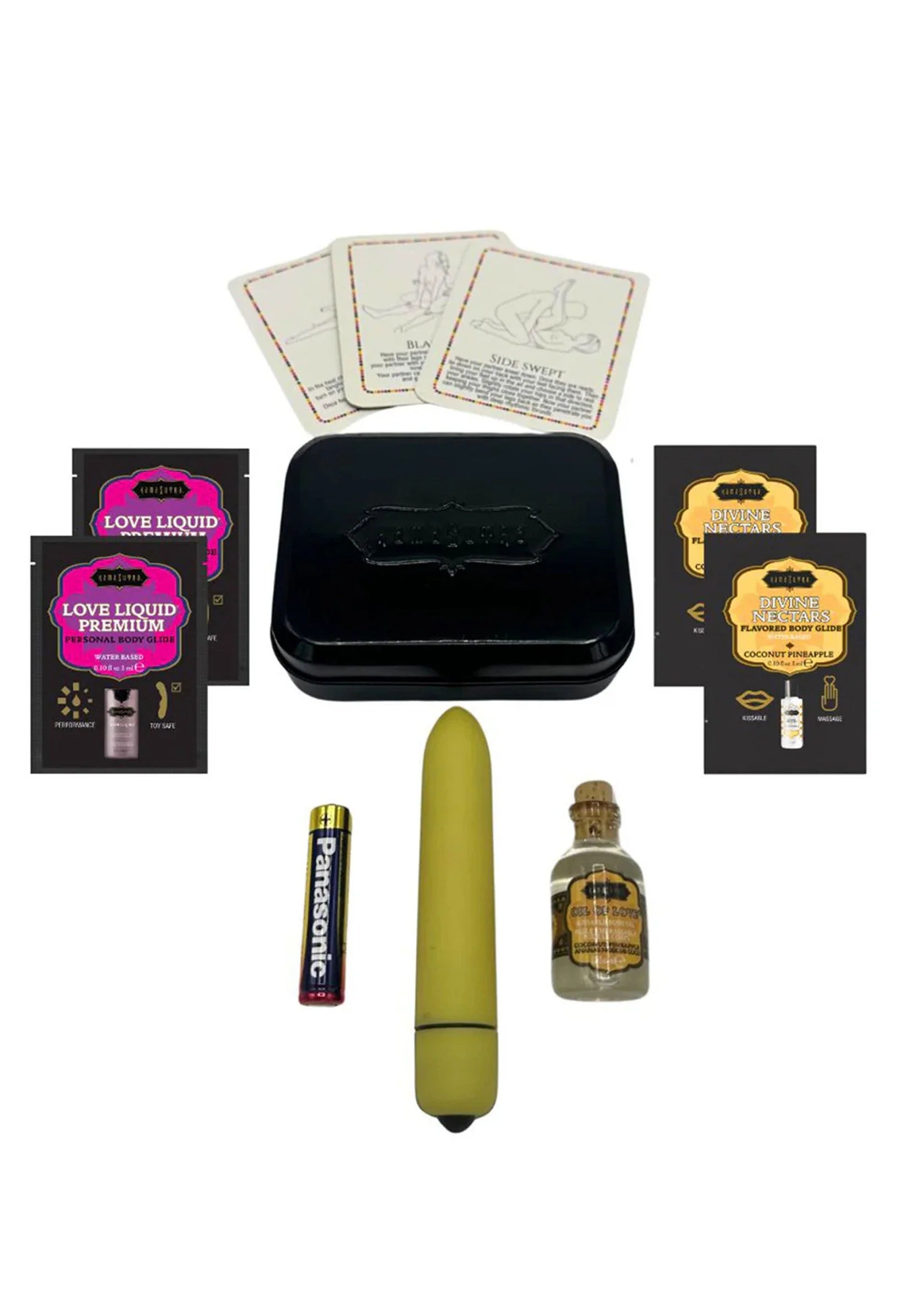 Weekenderkit Kamasutra in open zwart etui met kaarten, glijmiddel, fles en vibrator