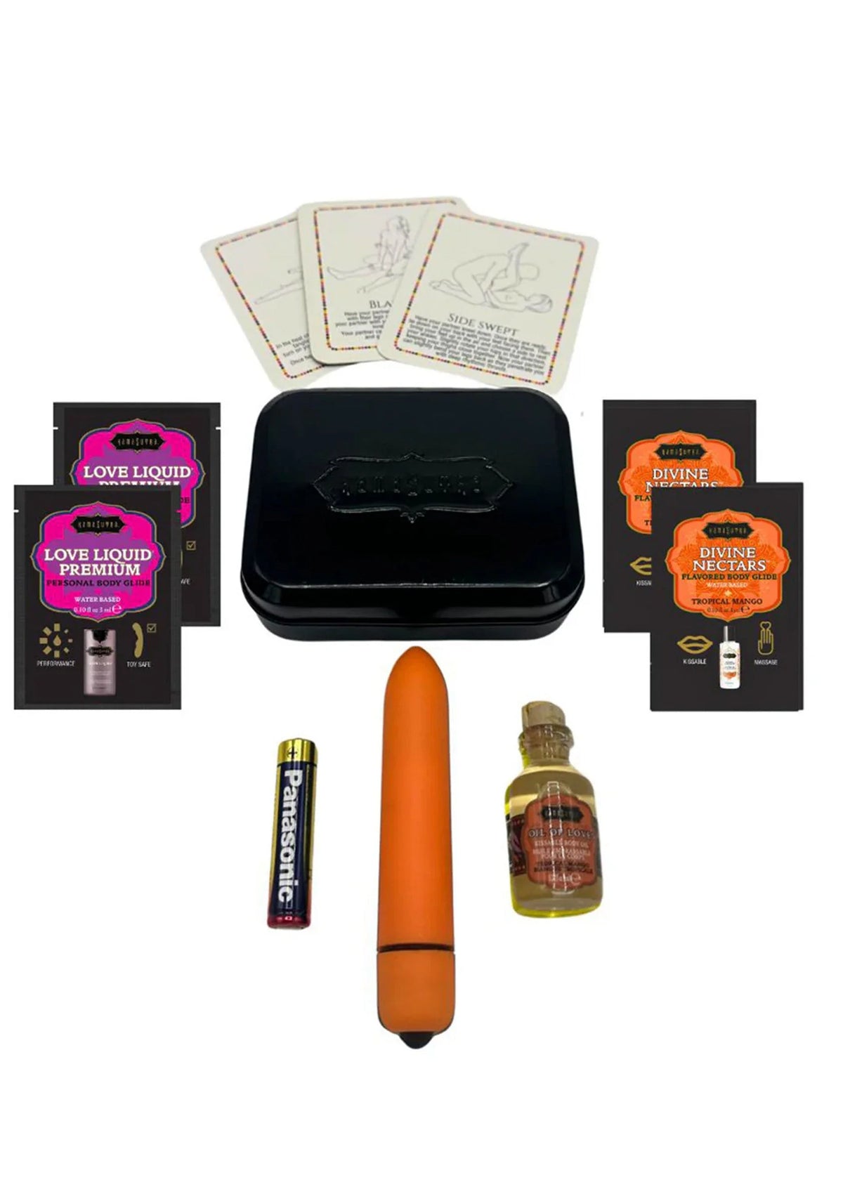 Weekenderkit van Kamasutra met zwarte opbergdoos, oranje vibratorpen en flesje