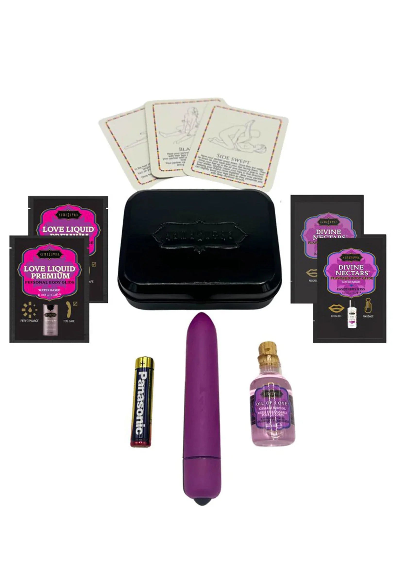 Weekenderkit van Kamasutra met zwarte opbergdoos, paarse vibratorpen en flesje