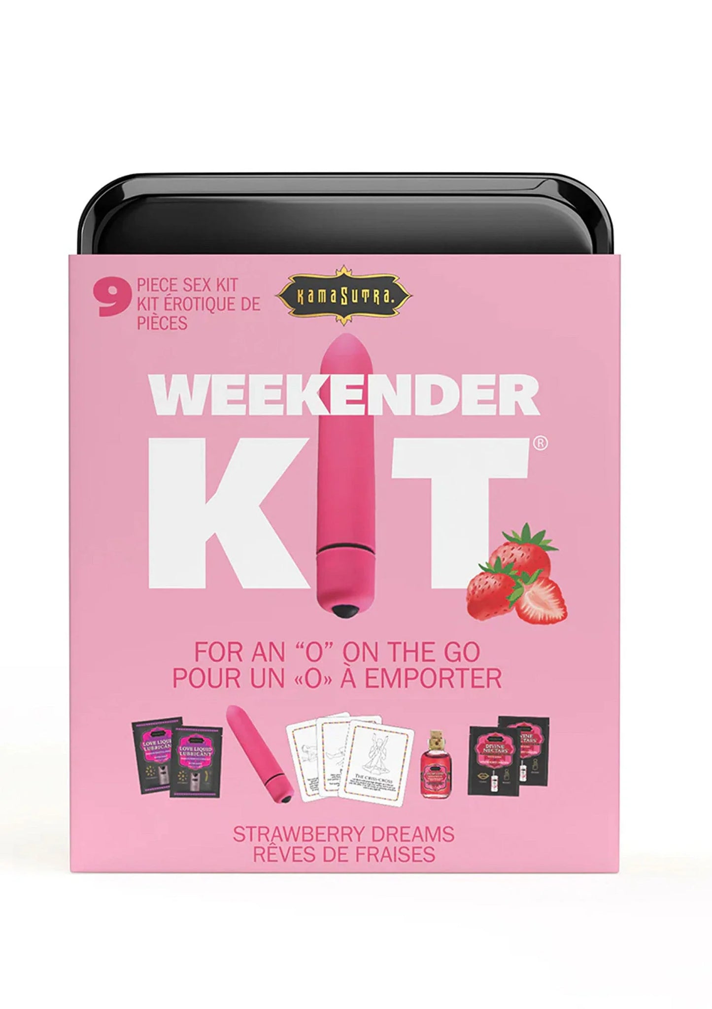 Weekenderkit Kamasutra doos met roze WEEKENDER KIT-tekst en aardbeienillustratie