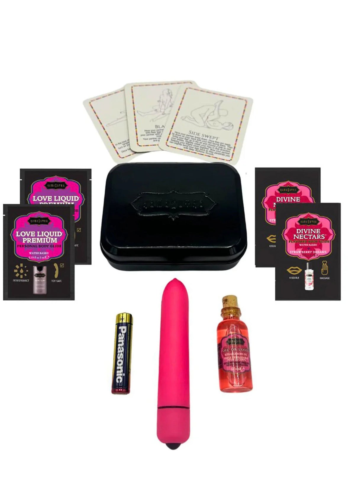 Weekenderkit van Kamasutra met zwarte opbergdoos, roze vibratorpen en flesje
