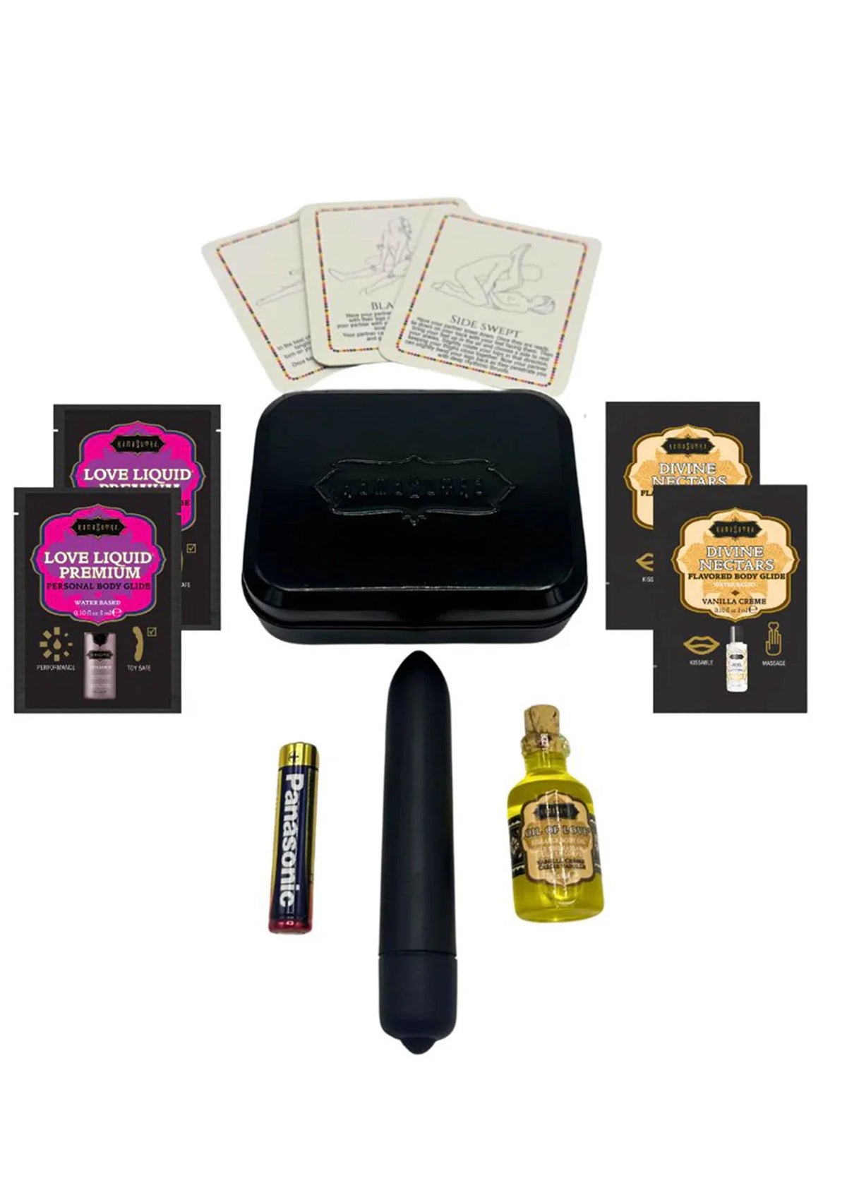 Weekenderkit van Kamasutra met zwarte opbergdoos, zwarte vibratorpen en flesje