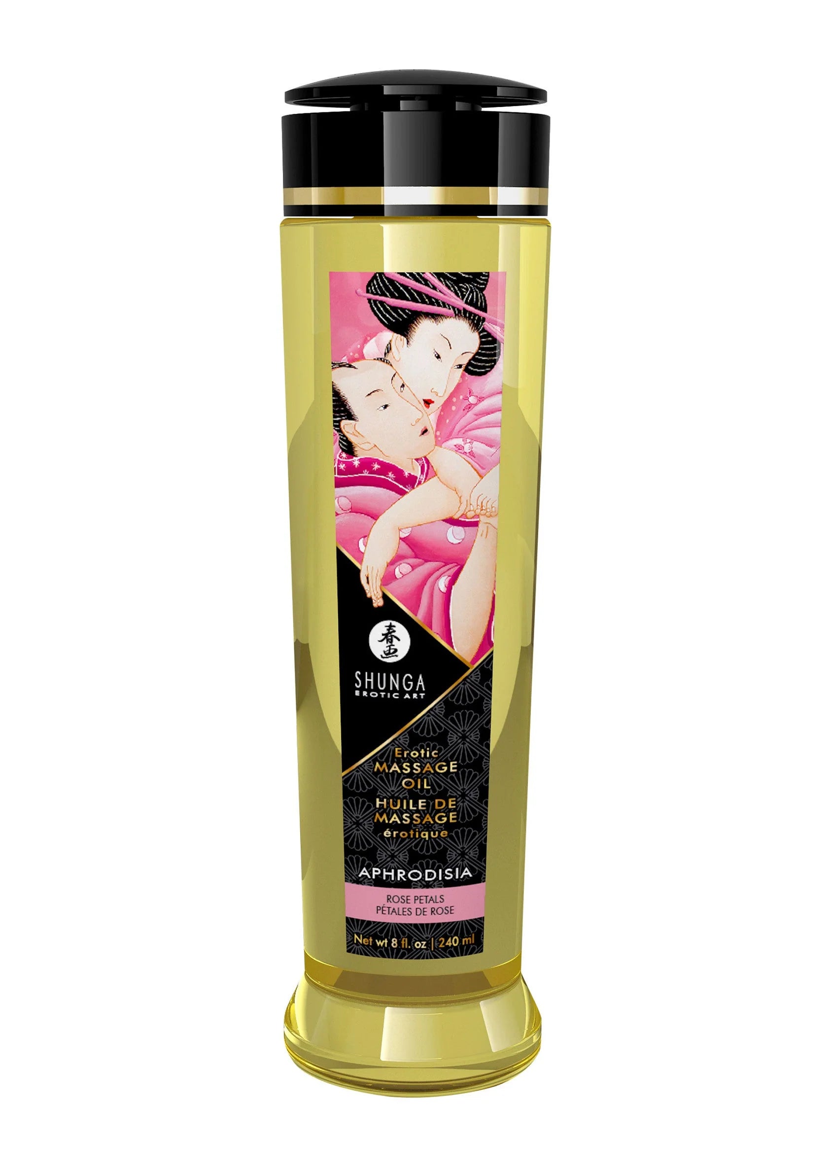 Shunga massageolie in gouden fles met zwarte dop, Aphrodisia-variantaanduiding