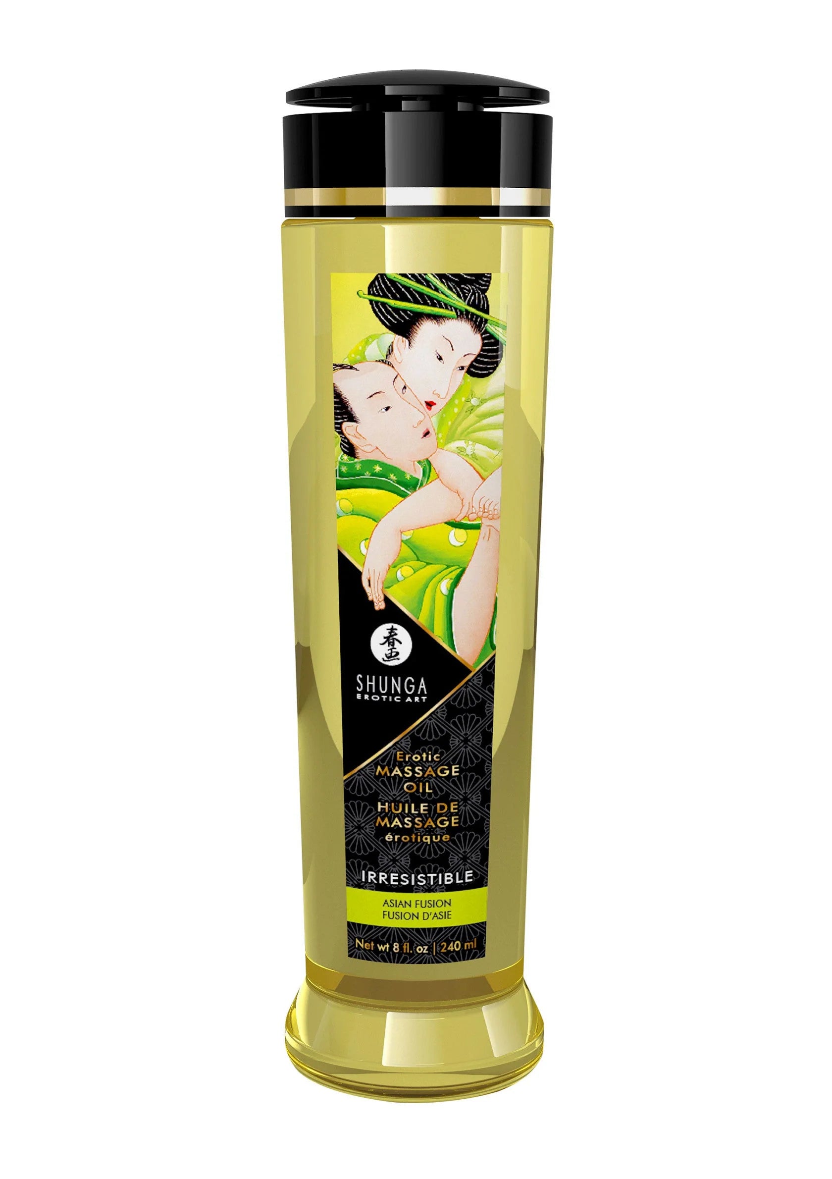 Shunga massageolie in gouden fles met zwarte dop, Irresistible-variantaanduiding