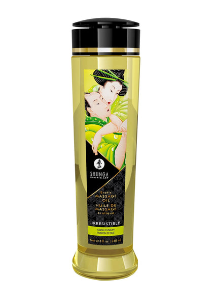 Shunga massageolie in gouden fles met zwarte dop, Irresistible-variantaanduiding