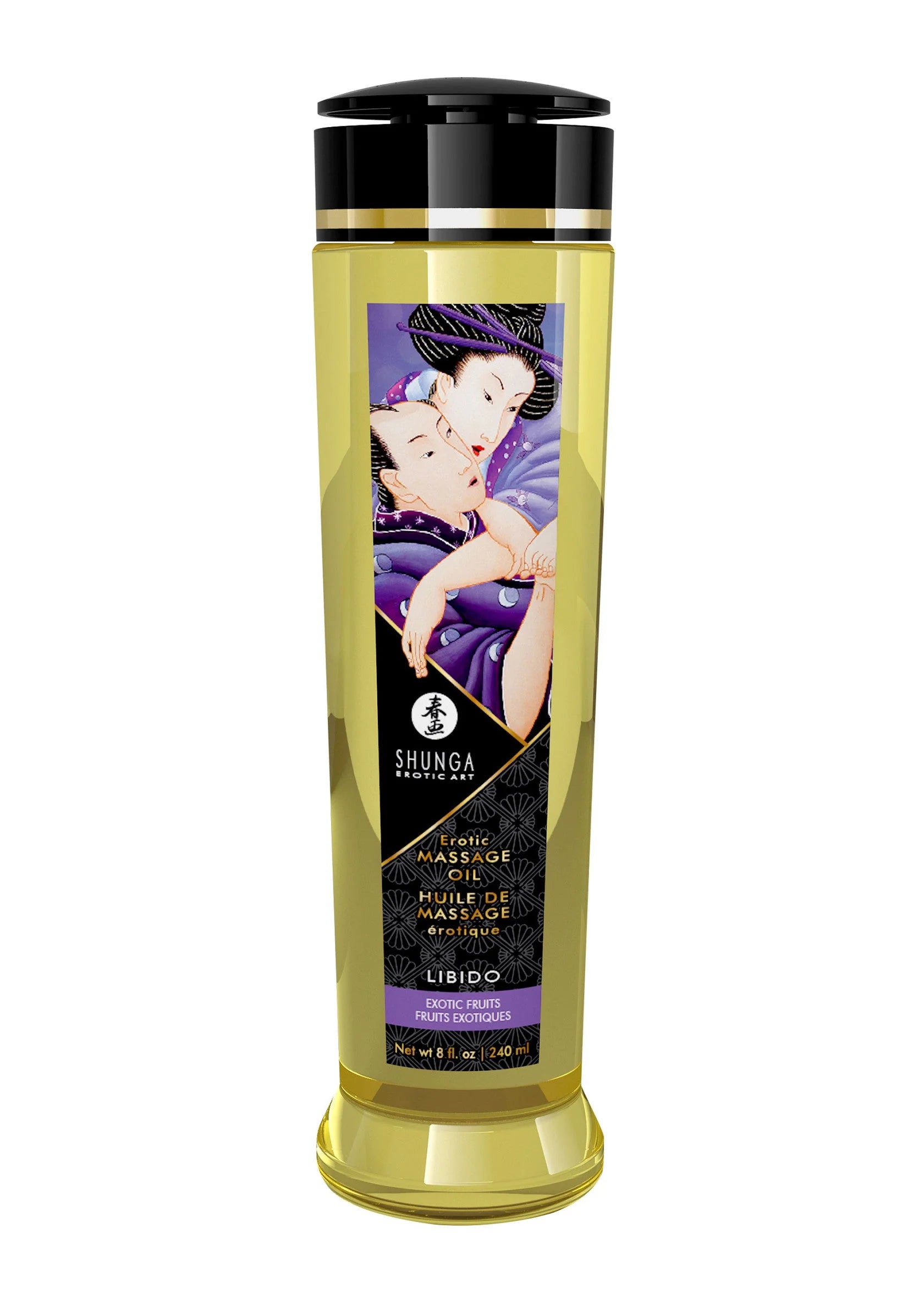 Shunga massageolie in gouden fles met zwarte dop, Libido-variantaanduiding