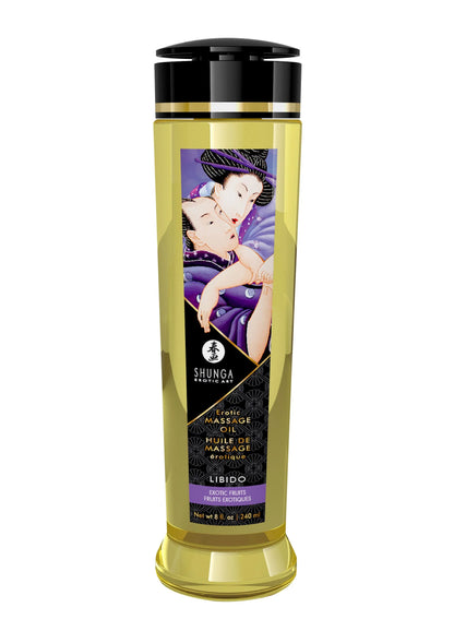Shunga massageolie in gouden fles met zwarte dop, Libido-variantaanduiding