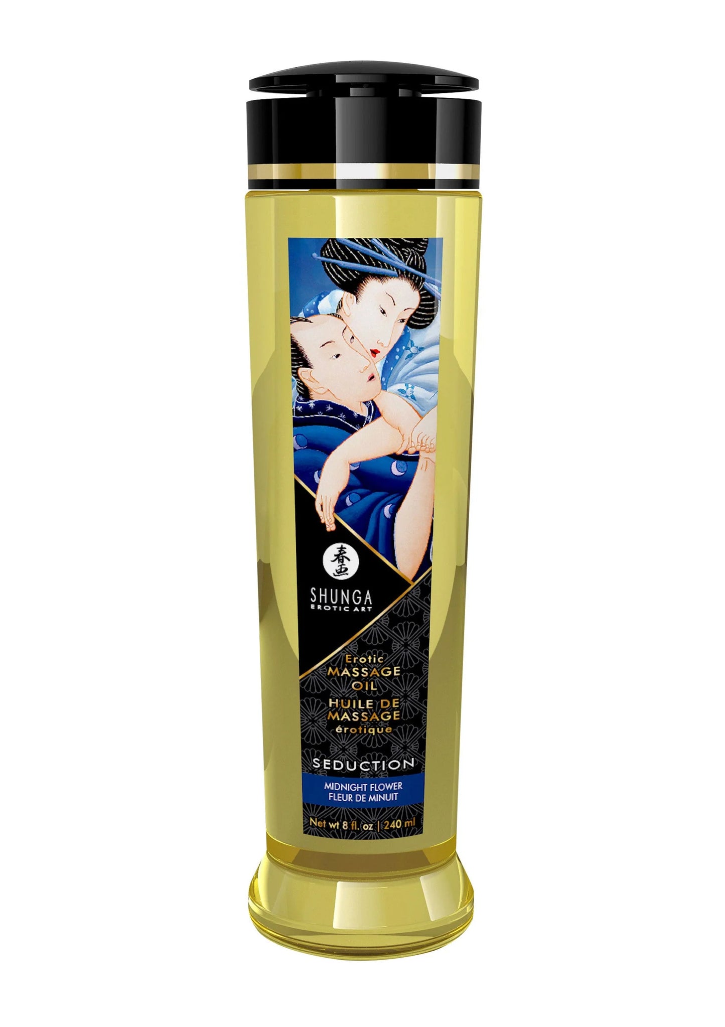 Massageolie-fles Shunga met zwarte dop en blauw etiket.