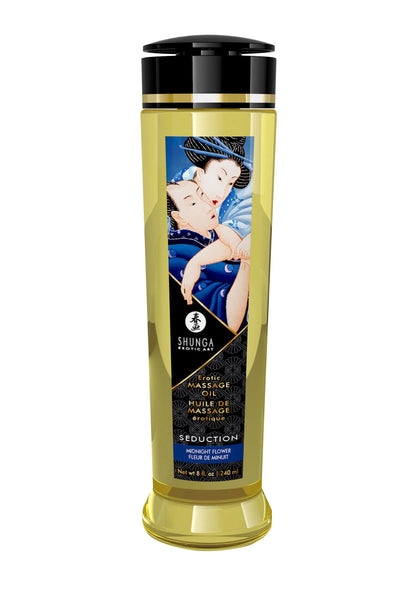 Massageolie-fles Shunga met zwarte dop en blauw etiket.