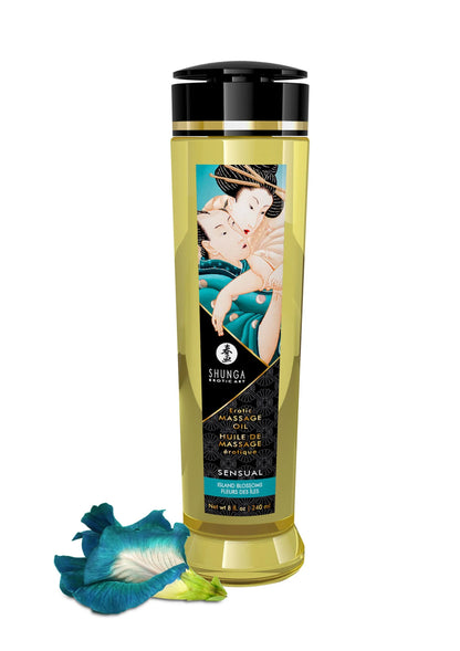 Shunga massageolie-fles met zwarte dop en gouden etiket, met blauwe bloemen