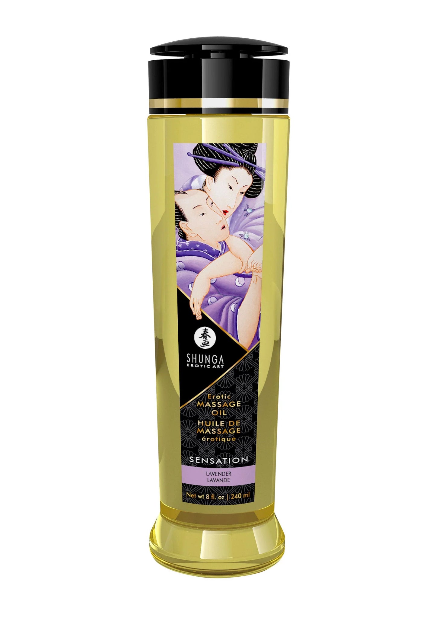 Massageolie-fles Shunga met zwarte dop en paars etiket.