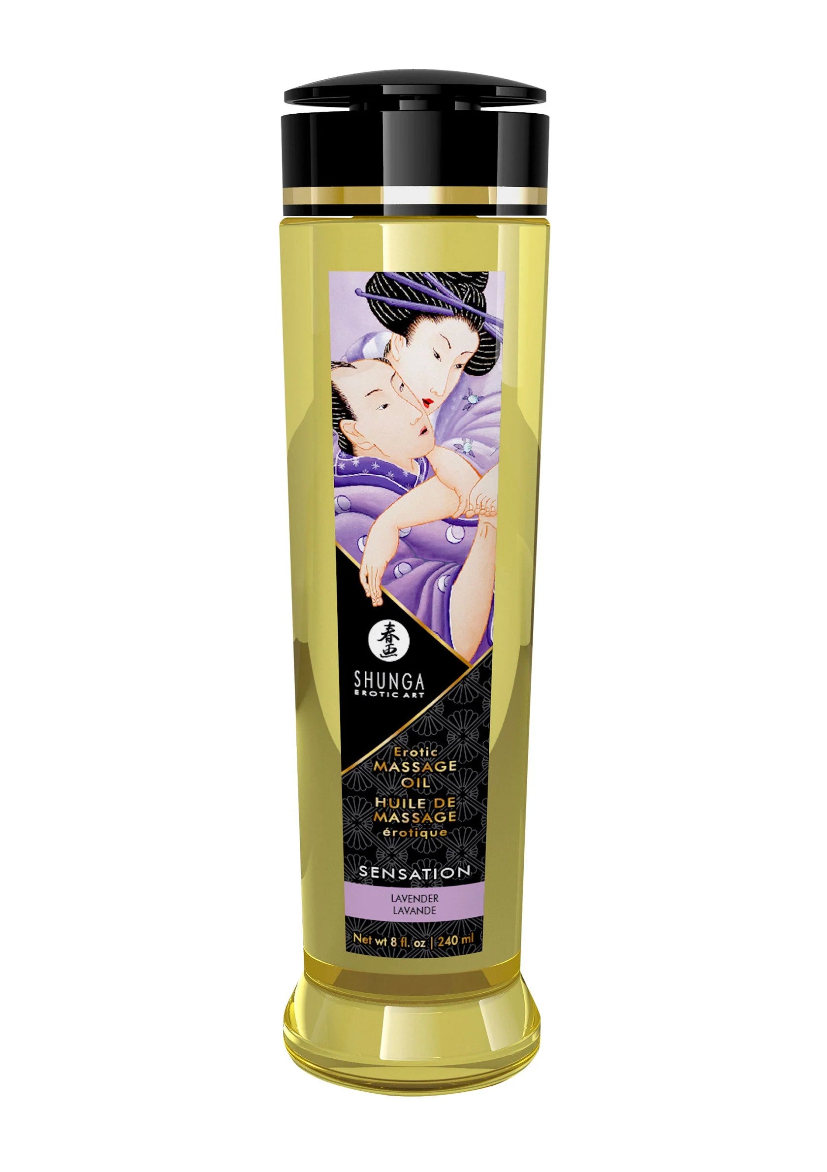 Massageolie-fles Shunga met zwarte dop en paars etiket.