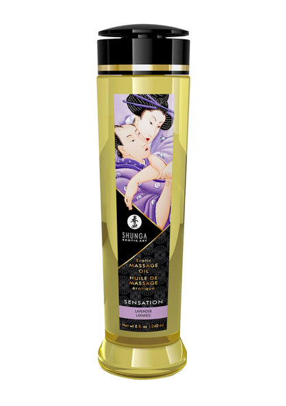 Massageolie-fles Shunga met zwarte dop en paars etiket.