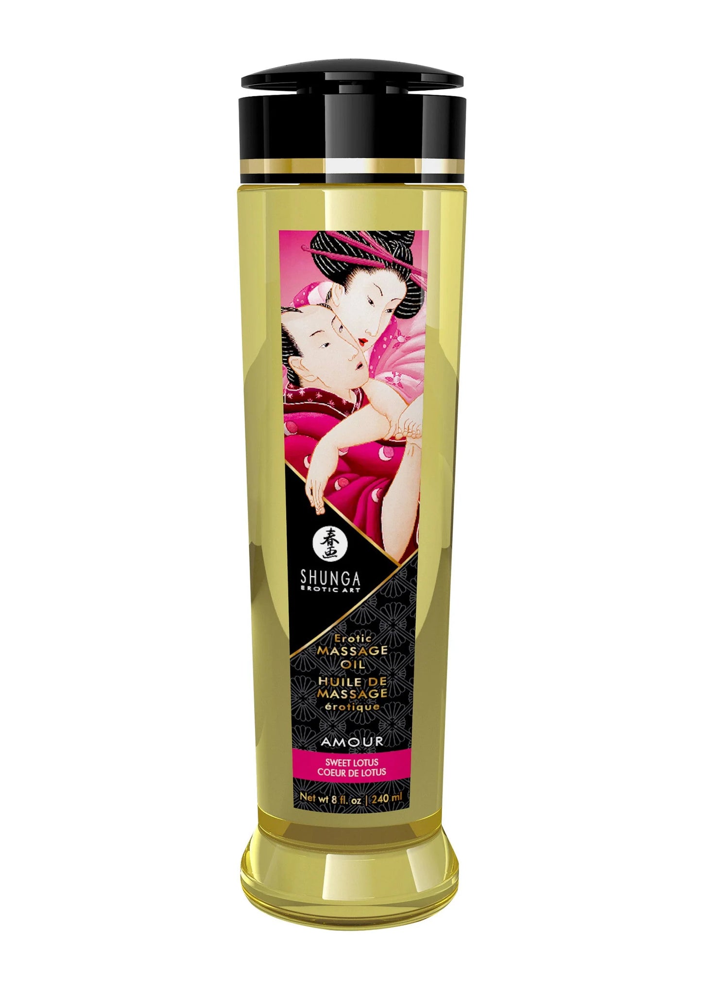Massageolie-fles Shunga met zwarte dop en roze etiket.