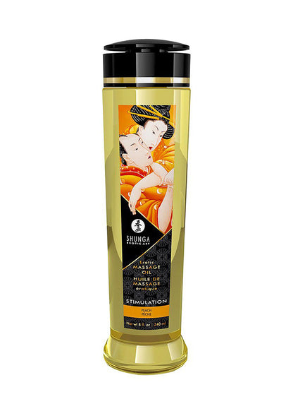 Shunga massageolie-fles met zwarte dop en gouden etiket, staand zonder accessoires