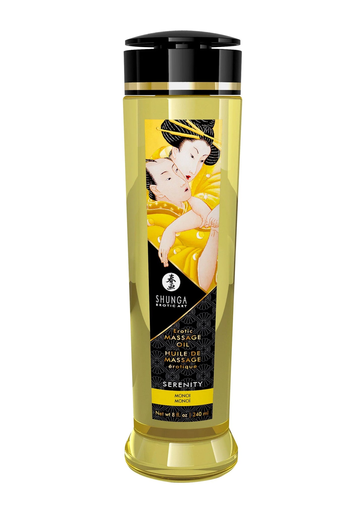 Shunga massageolie in gouden fles met zwarte dop, Serenity-variantaanduiding