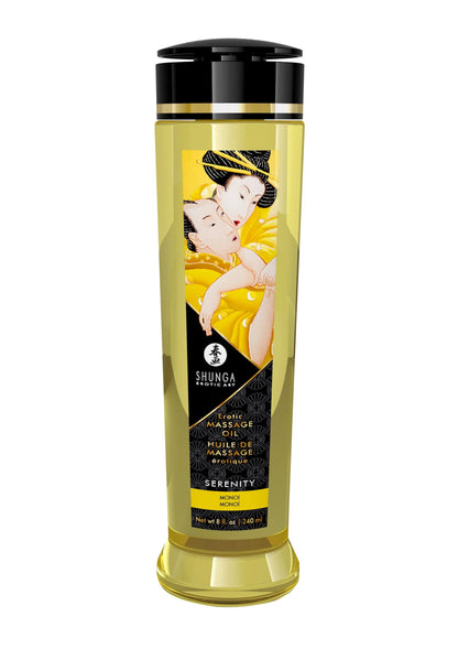 Shunga massageolie in gouden fles met zwarte dop, Serenity-variantaanduiding