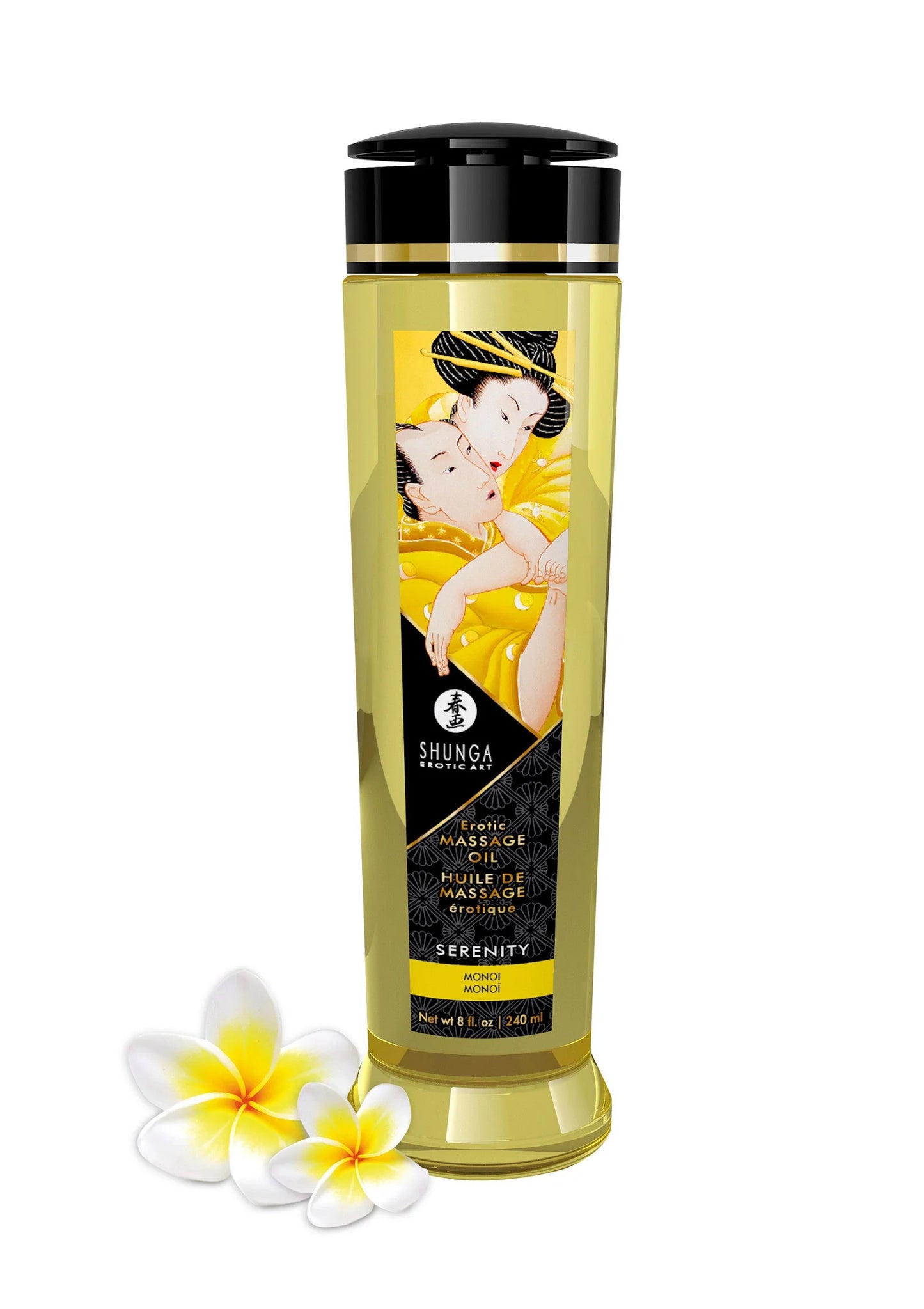 Massageolie-fles Shunga met zwarte dop en geel etiket, met witte bloem.