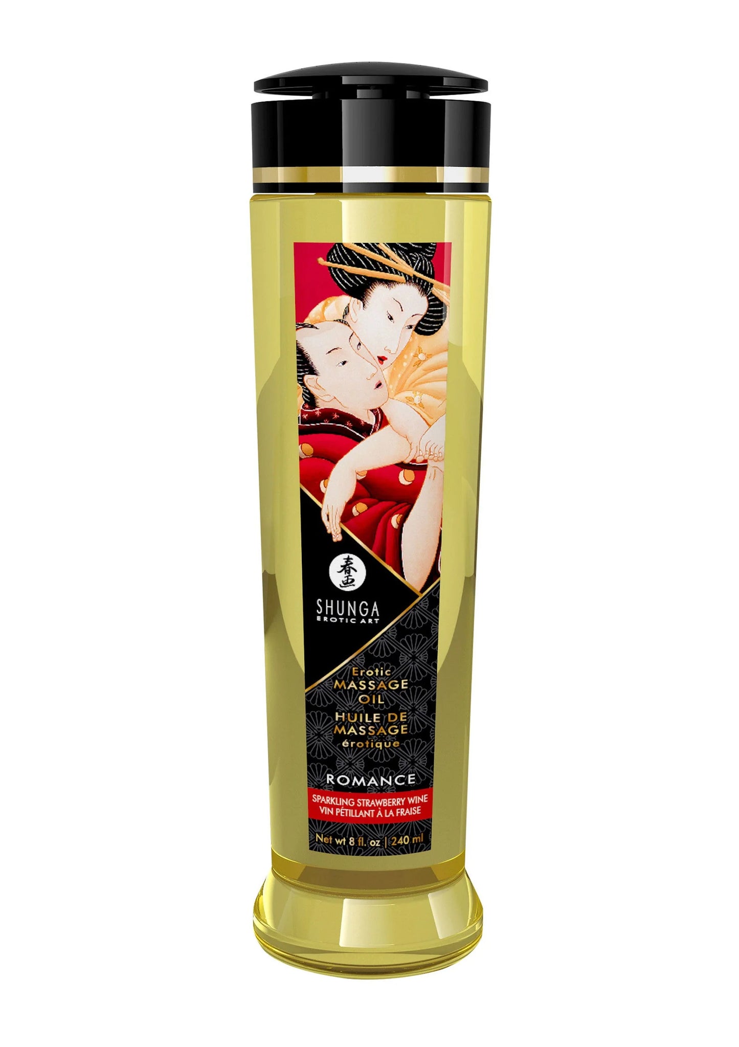 Shunga massageolie in gouden fles met zwarte dop, Romance-variantaanduiding
